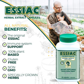 Capsules Essiac sur une table en bois, éclairage naturel