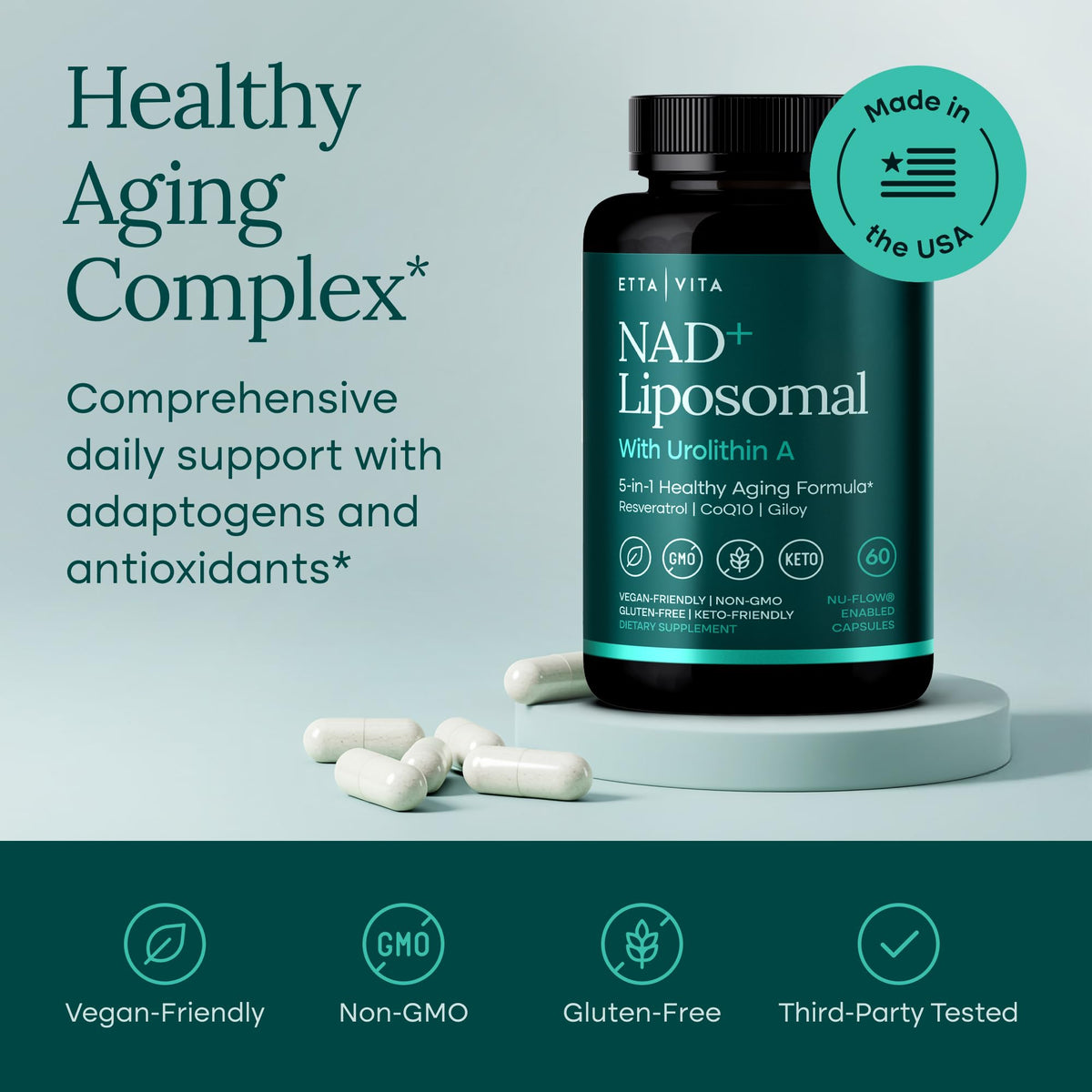 Capsules Etta Vita Liposomal NAD+ sur fond blanc
