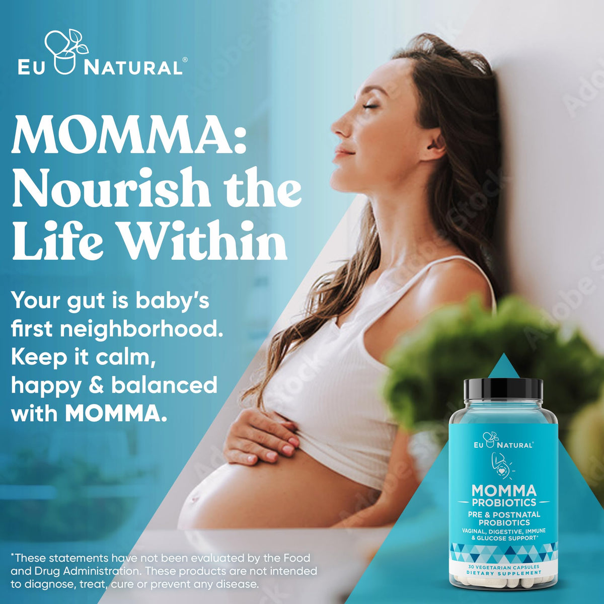 Capsules Eu Natural Prénatals Probiotiques sur une surface blanche