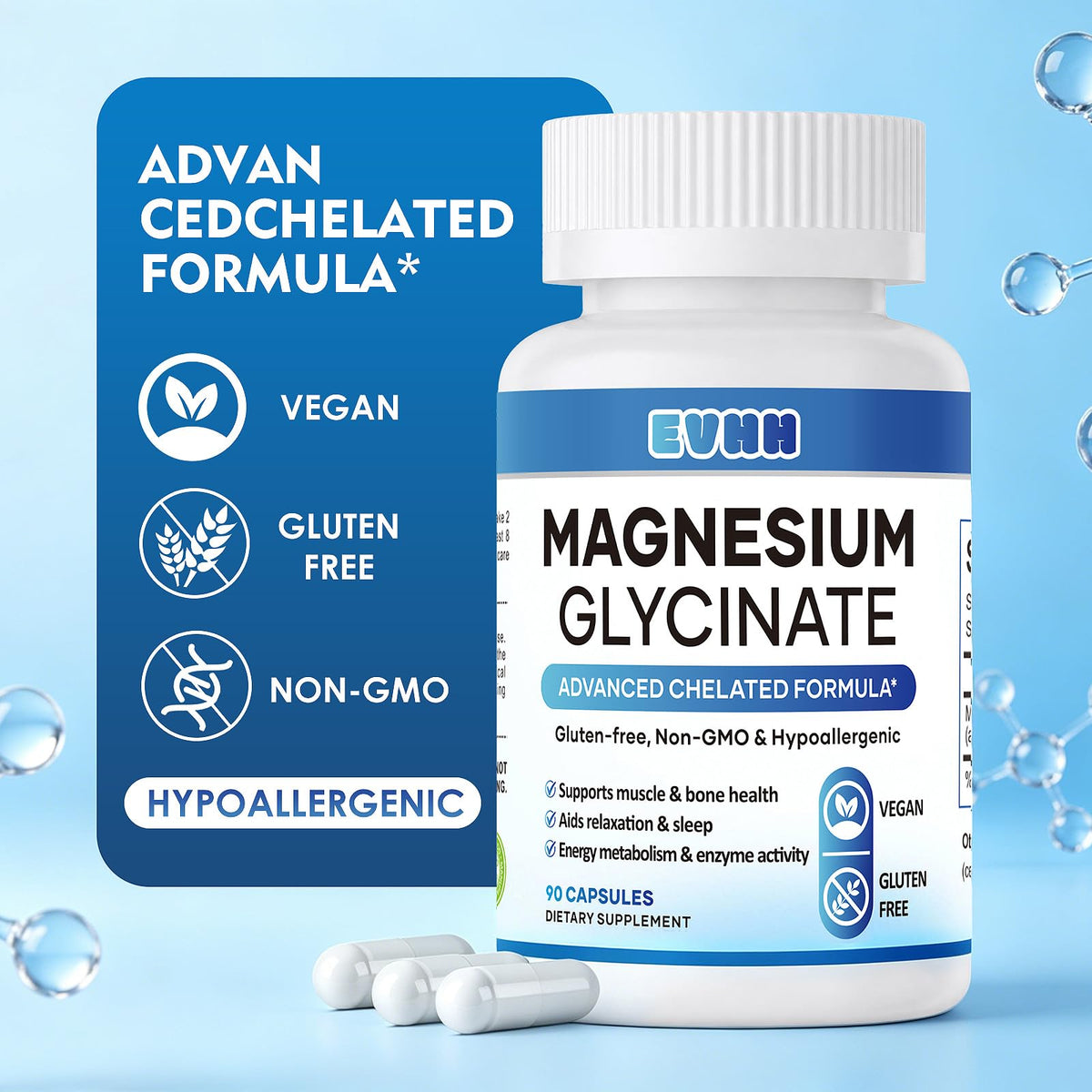 Capsules EVHH de glycinate de magnésium 240mg dans une main