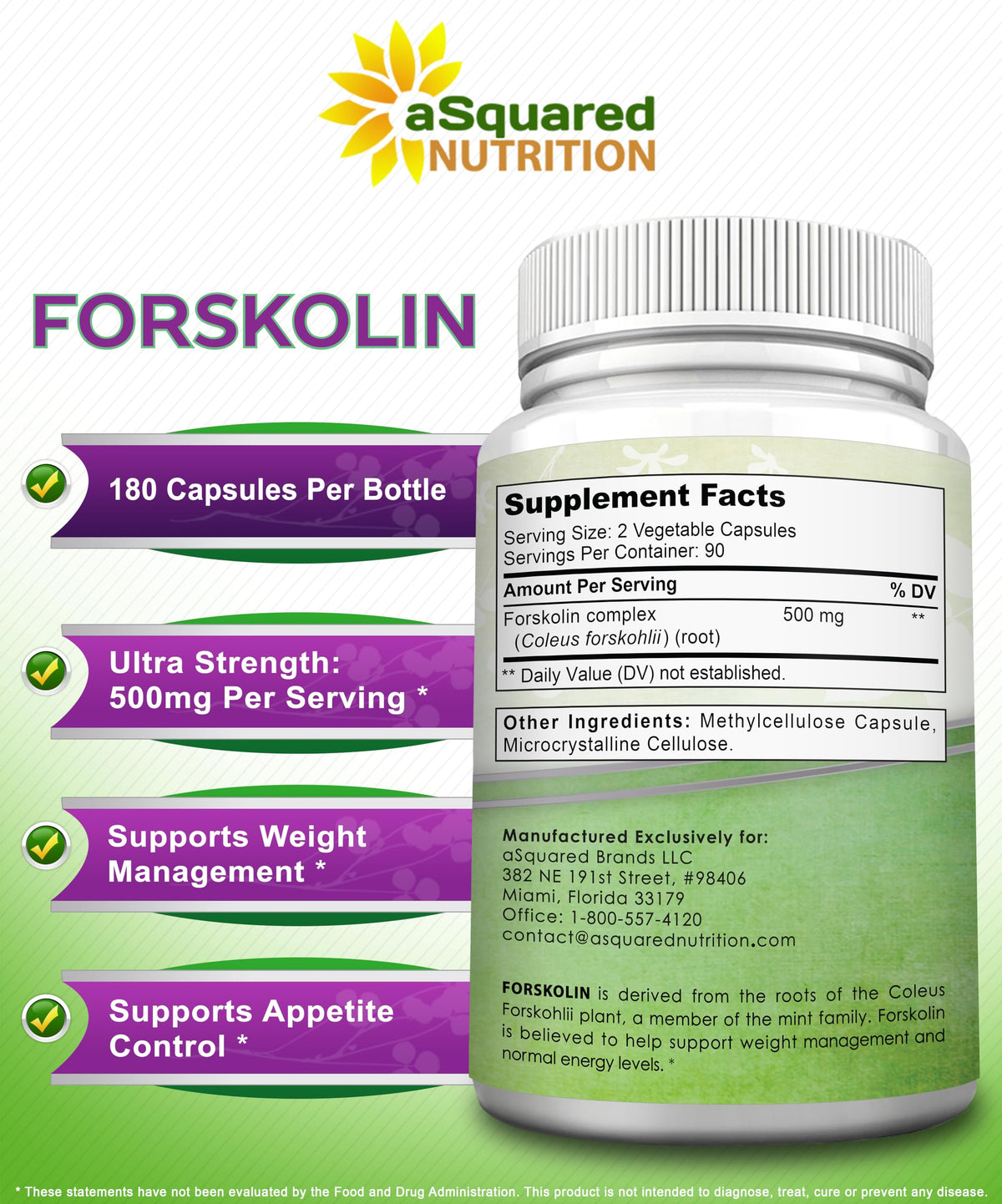 Capsules Forskolin 500mg aSquared Nutrition sur fond blanc