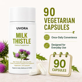 Capsules FYRKOA Uvora Chardon-Marie avec des herbes en arrière-plan