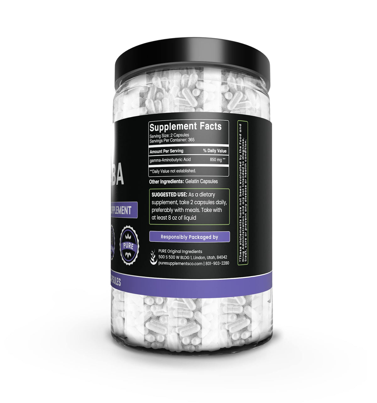 Capsules GABA PURE ORIGINAL INGREDIENTS sur fond blanc