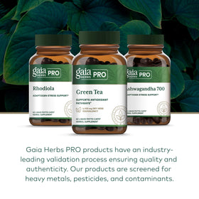 Capsules Gaia Herbs PRO Thé Vert sur une table en bois