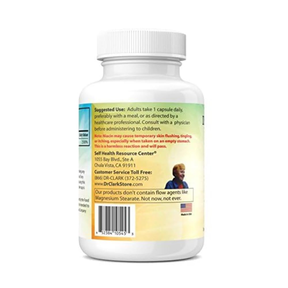Capsules gélatineuses Dr Clark Niacin 500 mg sur fond blanc