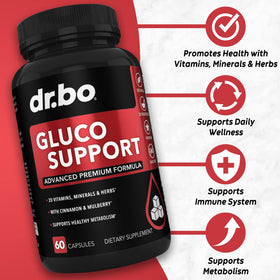 Capsules Gluco Support DR. BO avec des ingrédients comme la cannelle et le chrome