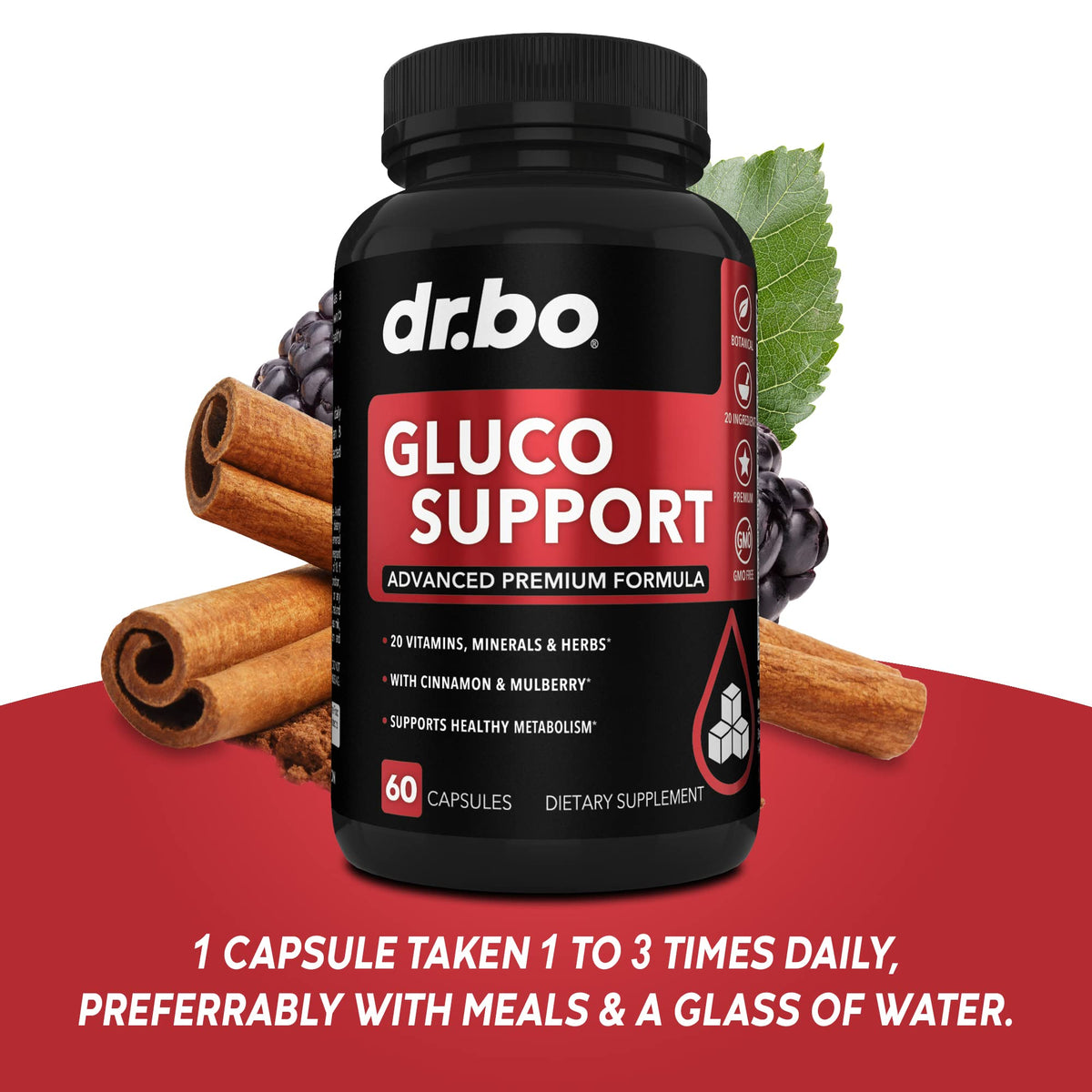 Capsules Gluco Support DR. BO avec une cuillère doseuse à côté