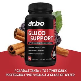 Capsules Gluco Support DR. BO avec une cuillère doseuse à côté