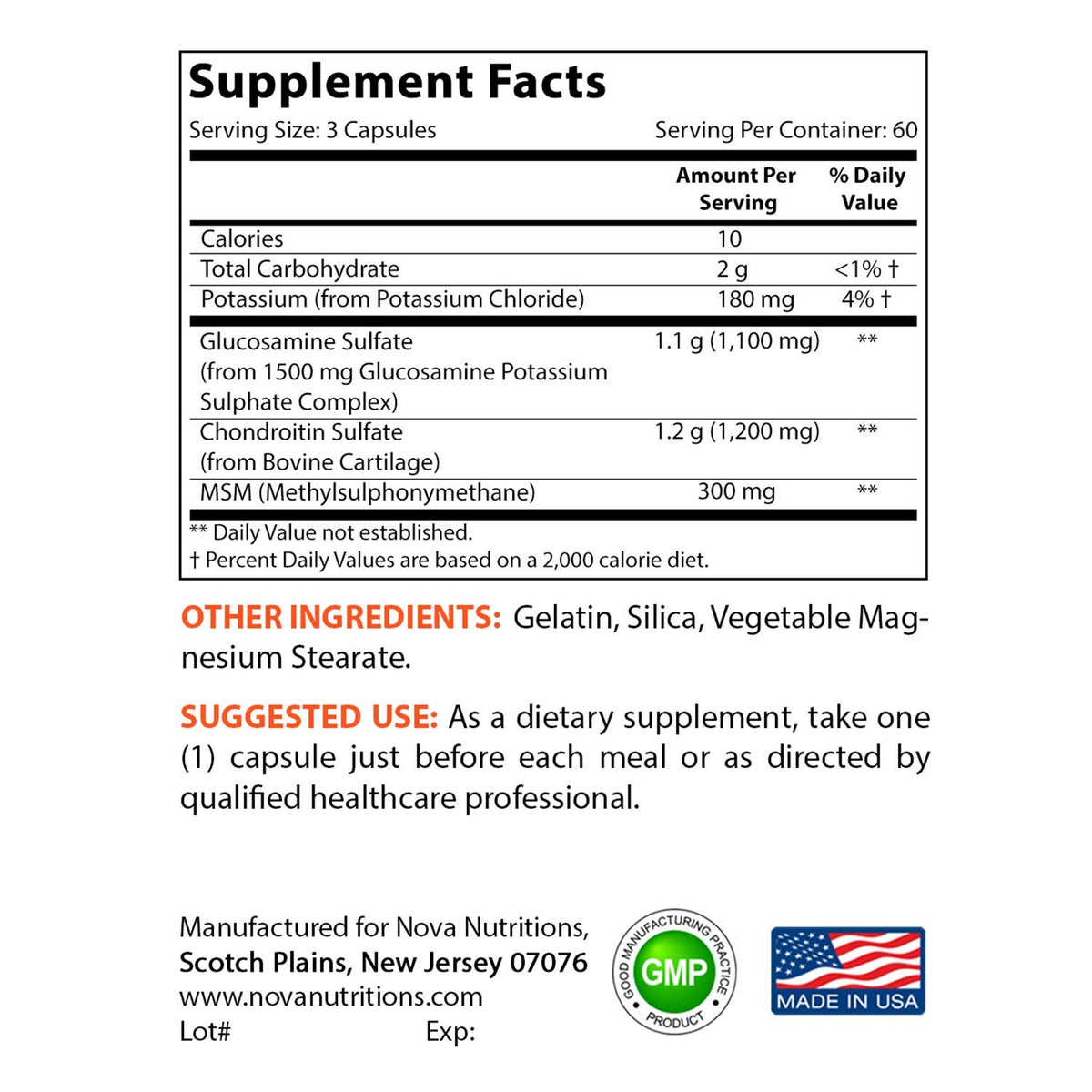 Capsules Glucosamine Chondroïtine MSM Nova Nutritions sur une surface blanche