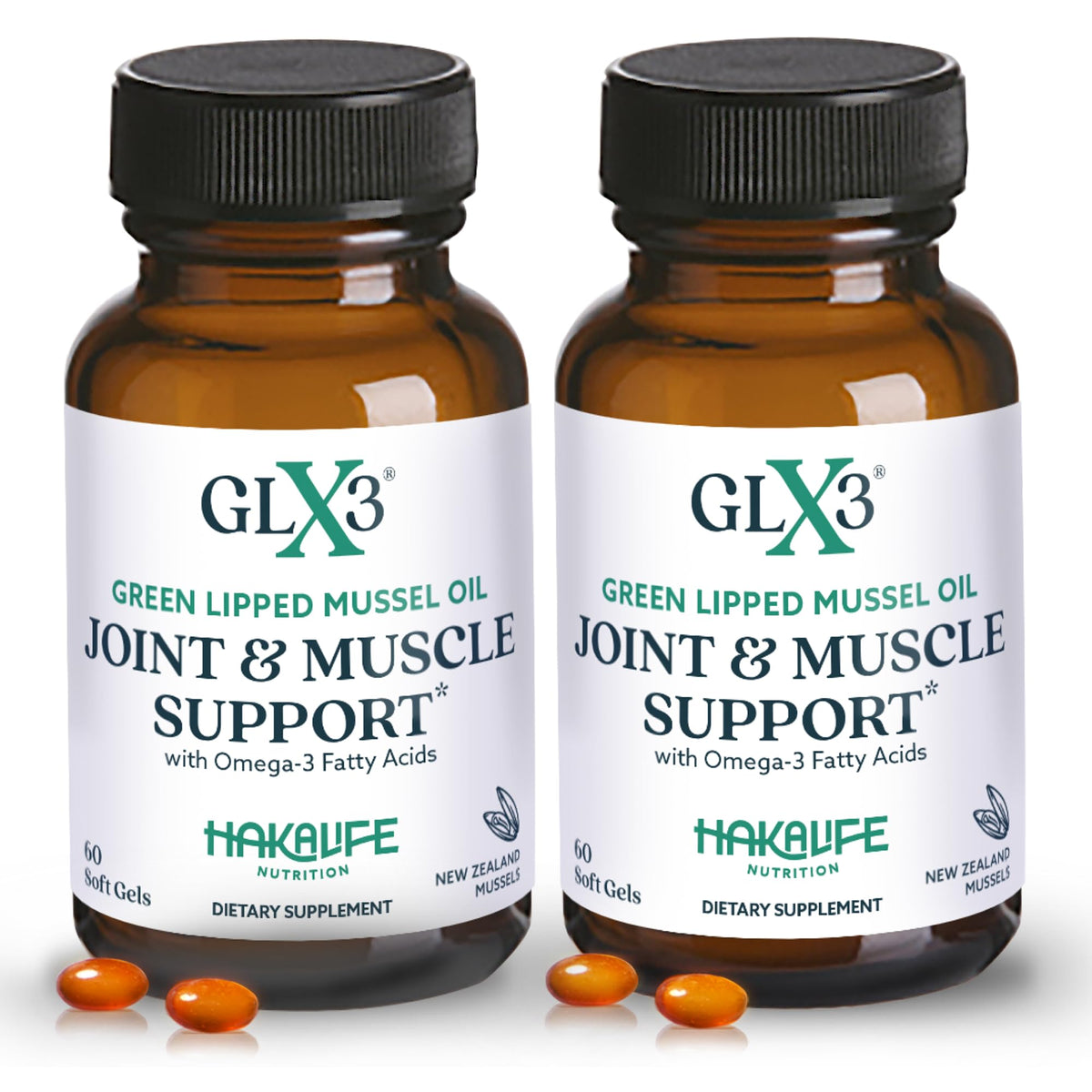 Capsules GLX3 d'Huile de Moules à Lèvres Vertes HAKA Life Nutrition, vue de face