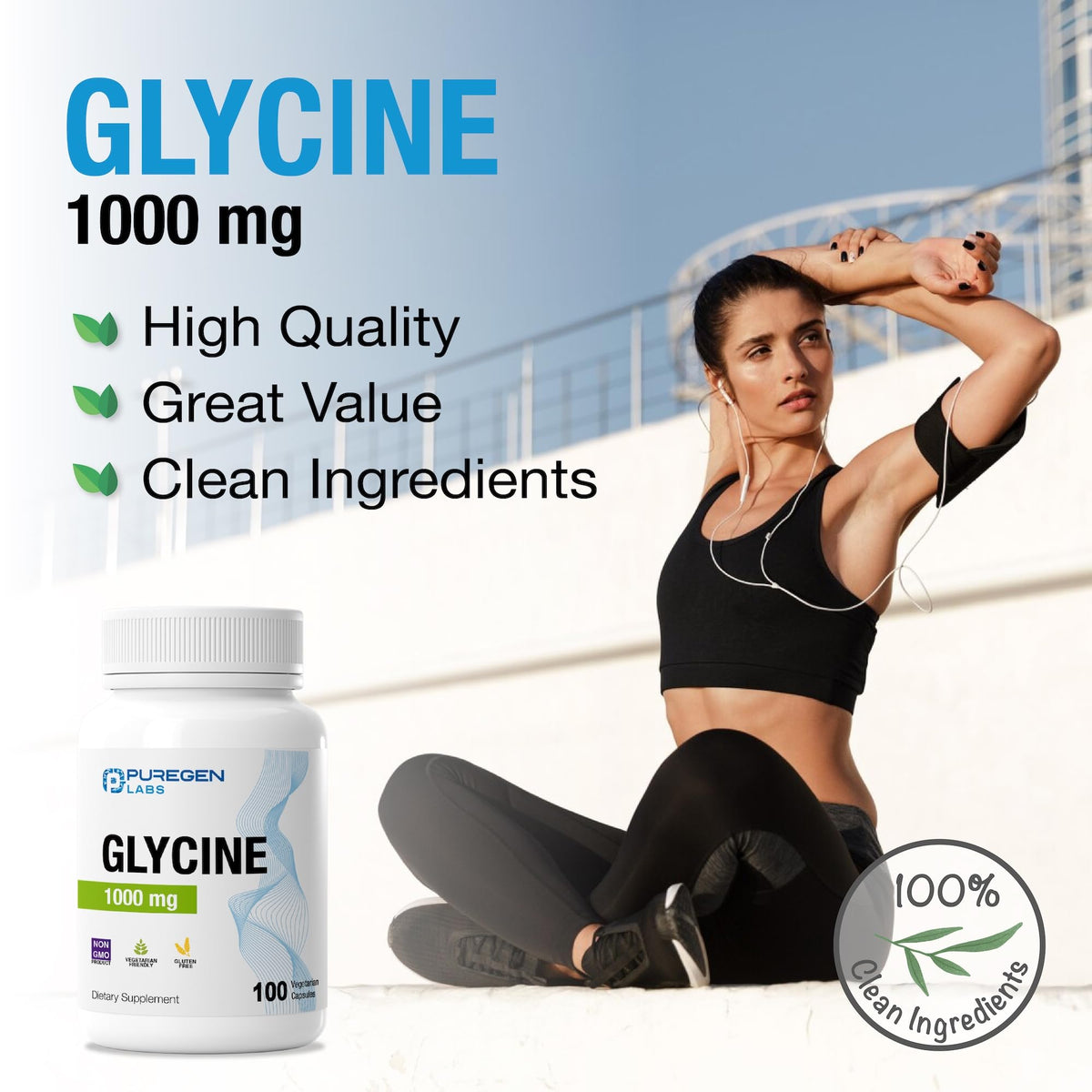Capsules Glycine Puregen Labs à côté d'un verre d'eau