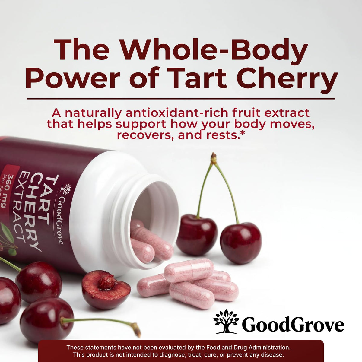 Capsules GoodGrove Cerise Acide Montmorency sur une surface blanche