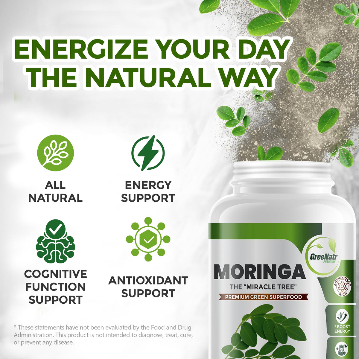 Capsules GreeNatr Moringa Oleifera sur un fond neutre