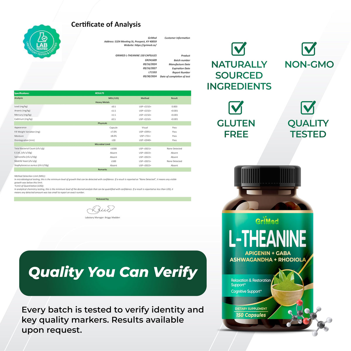 Capsules GriMed L-Théanine avec une cuillère pour dosage