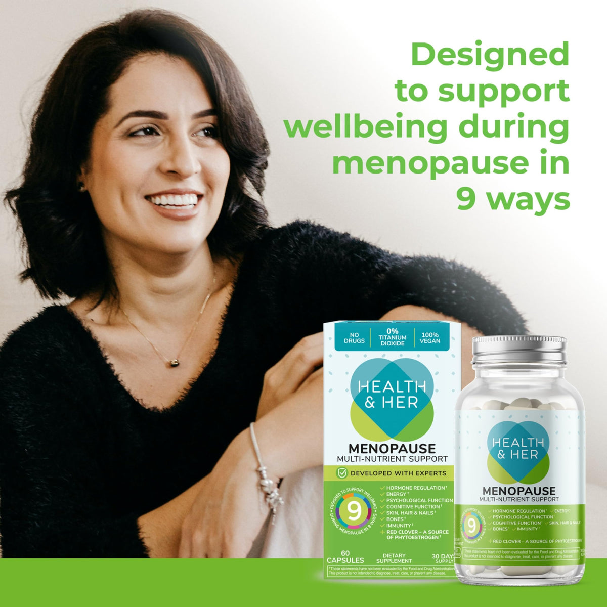 Capsules Health and Her Ménopause dans une main