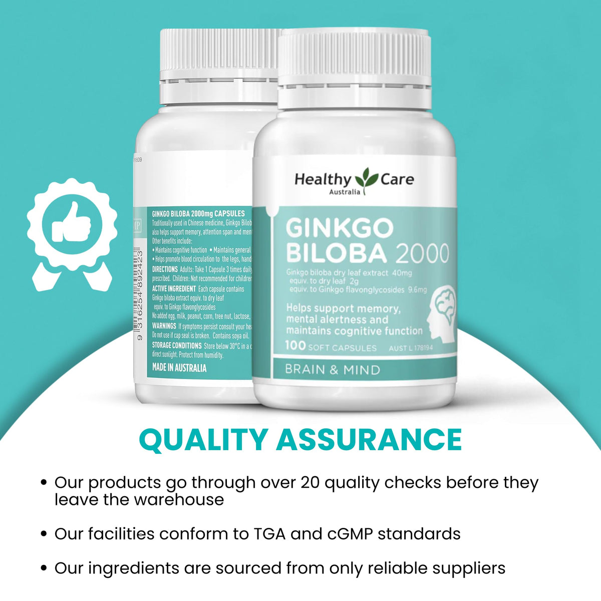 Capsules Healthy Care Ginkgo Biloba 2000mg sur une table