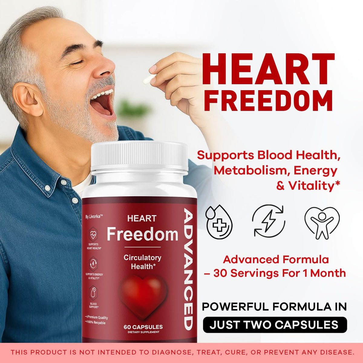 Capsules Heart Freedom sur une surface blanche, mise en scène