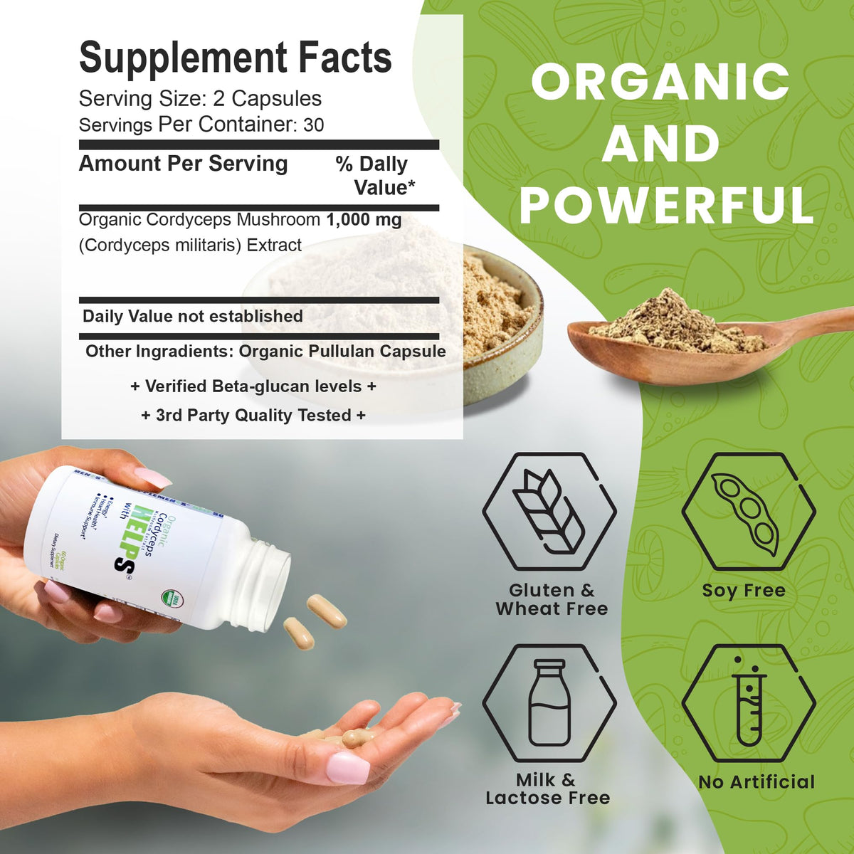 Capsules Help Supplements Champignon Cordyceps 1000mg avec verre d'eau
