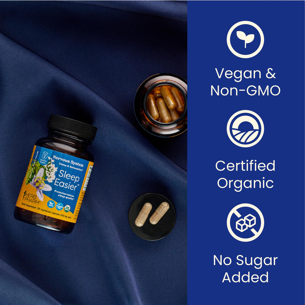 Capsules Herb Pharm à côté d'un verre d'eau