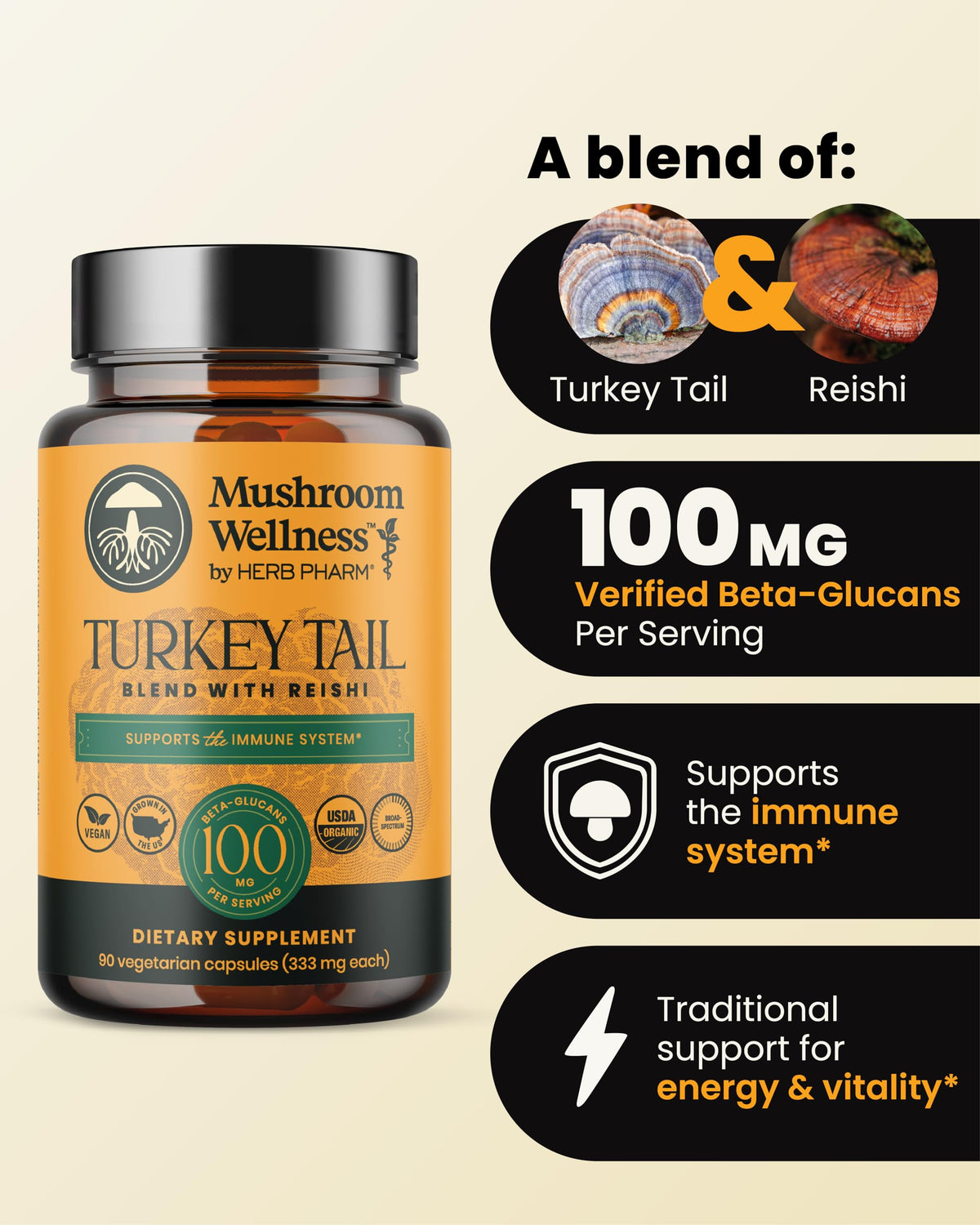 Capsules Herb Pharm Mélange de Champignons Turkey Tail et Reishi sur fond blanc