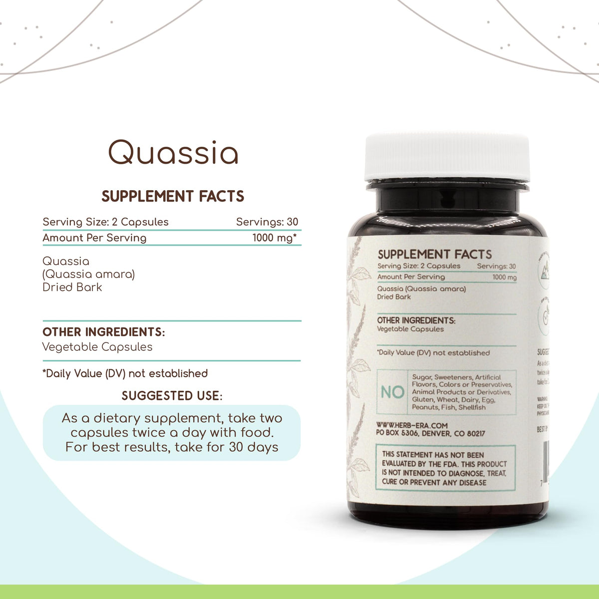 Capsules HerbEra Quassia Amara, dosage de 500 mg, vue rapprochée
