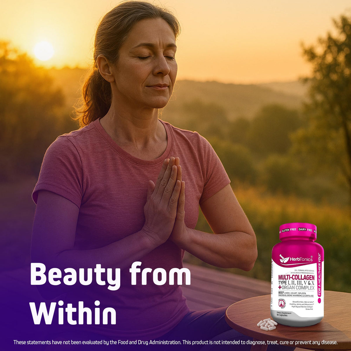Capsules Herbtonics sur une table en bois, avec lumière naturelle