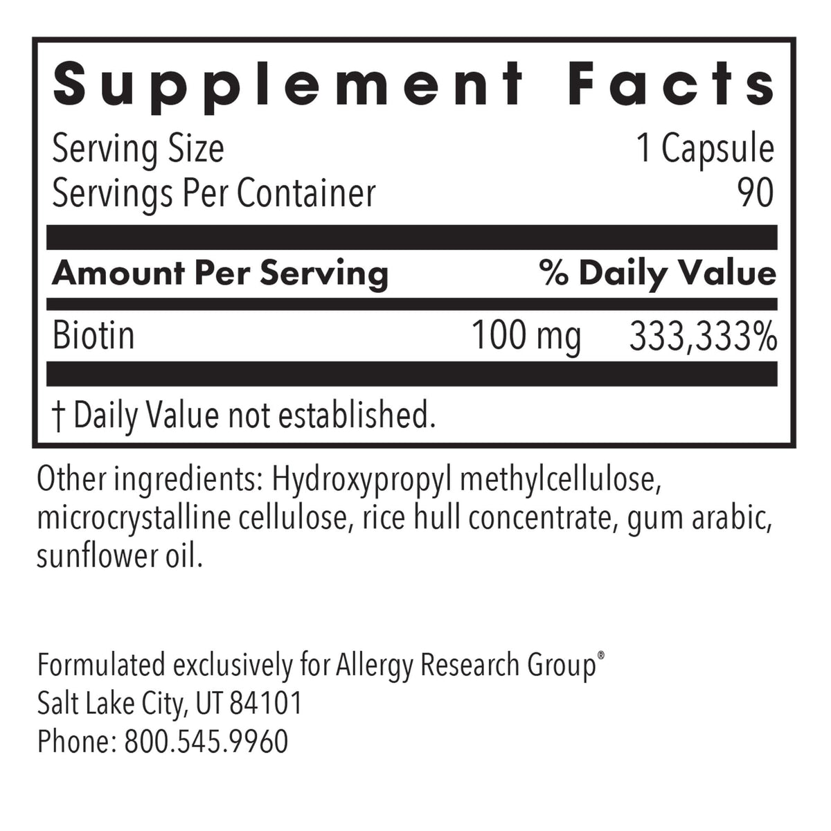 Capsules HiBiotin 100 mg d'Allergy Research Group sur un fond blanc