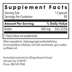 Capsules HiBiotin 100 mg d'Allergy Research Group sur un fond blanc