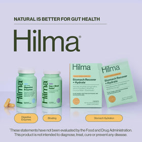 Capsules Hilma Enzymes daily avec ingrédients en arrière-plan