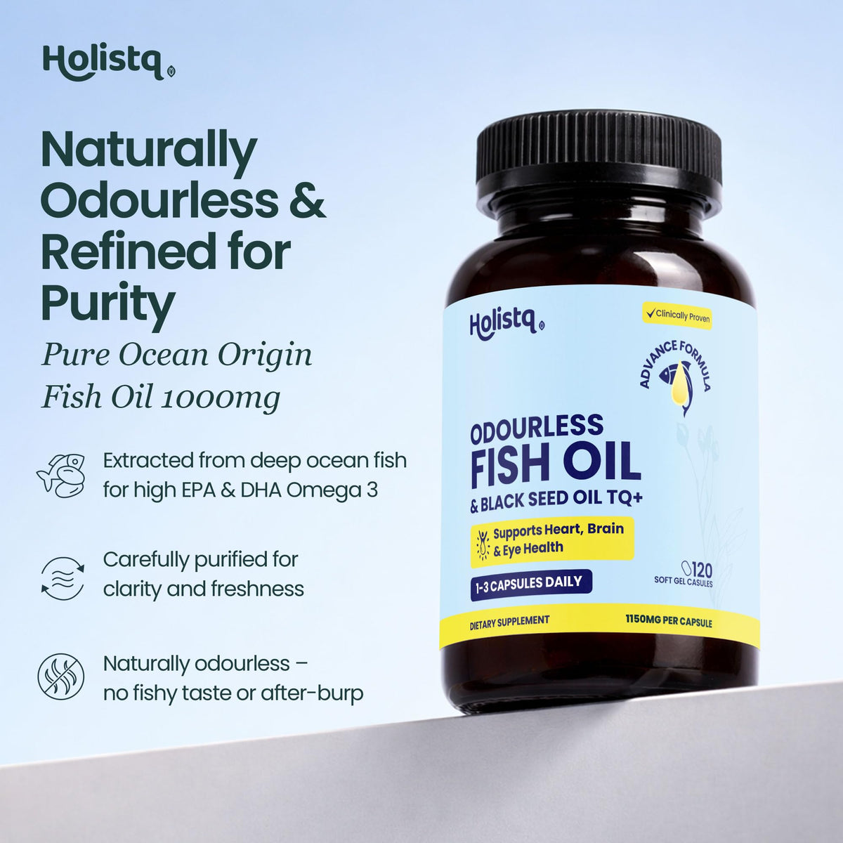 Capsules HOLISTQ d'huile de graines noires sur une table