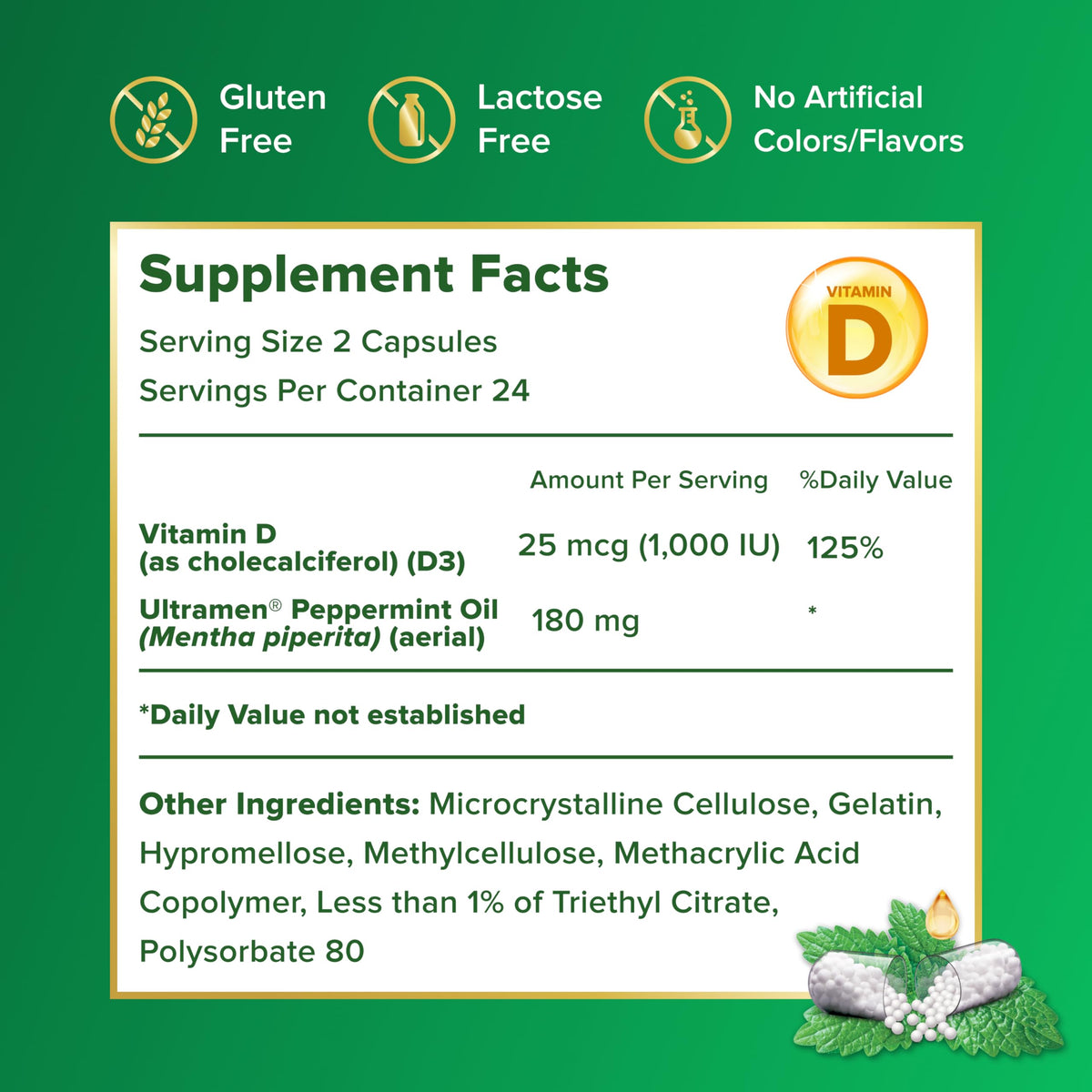 Capsules IBgard avec huile de menthe poivrée sur une table