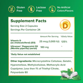 Capsules IBgard avec huile de menthe poivrée sur une table