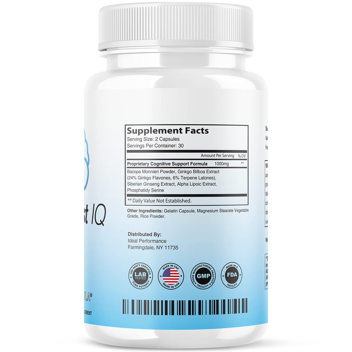 Capsules IDEAL PERFORMANCE Neuro support IQ sur une surface blanche