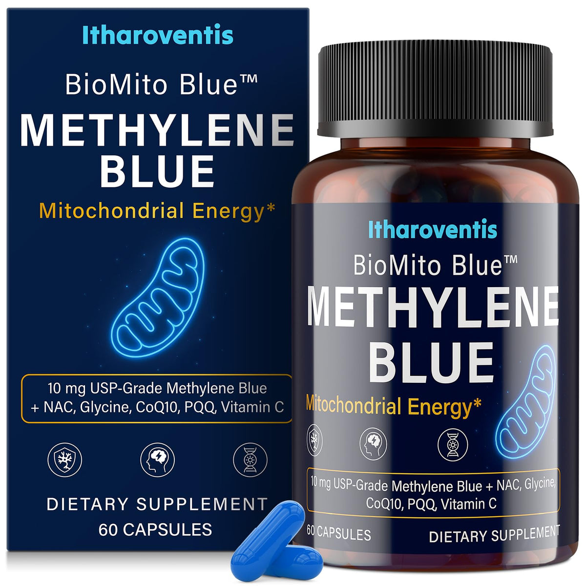 Capsules Itharoventis de Bleu de Méthylène avec CoQ10, NAC et PQQ, vue de face