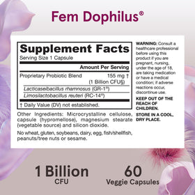 Capsules Jarrow Formulas Fem-Dophilus à côté d'un verre d'eau