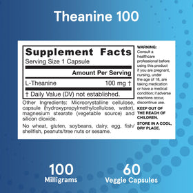 Capsules Jarrow Formulas Theanine 100 mg sur fond blanc