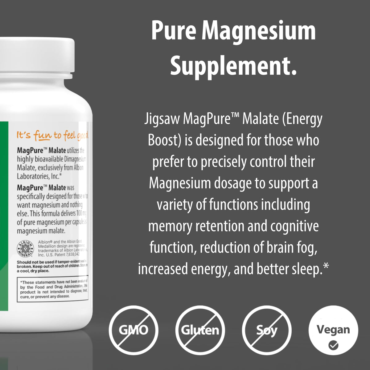 Capsules Jigsaw Health MagPure Malate sur une surface en bois
