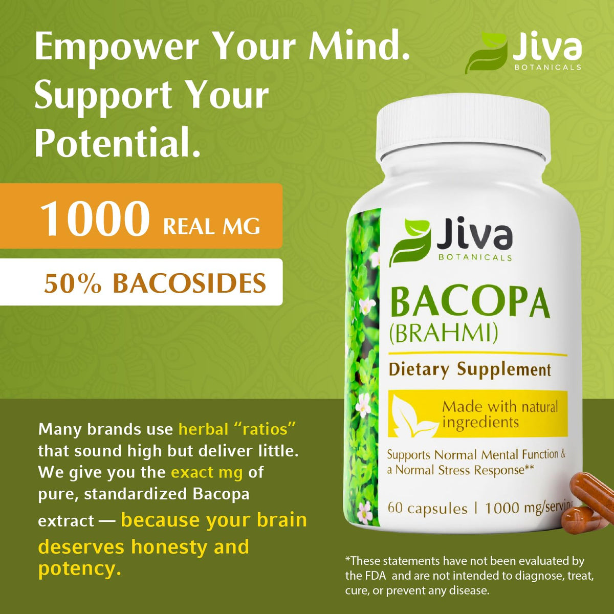 Capsules Jiva Botanicals Bacopa Monnieri sur une surface blanche