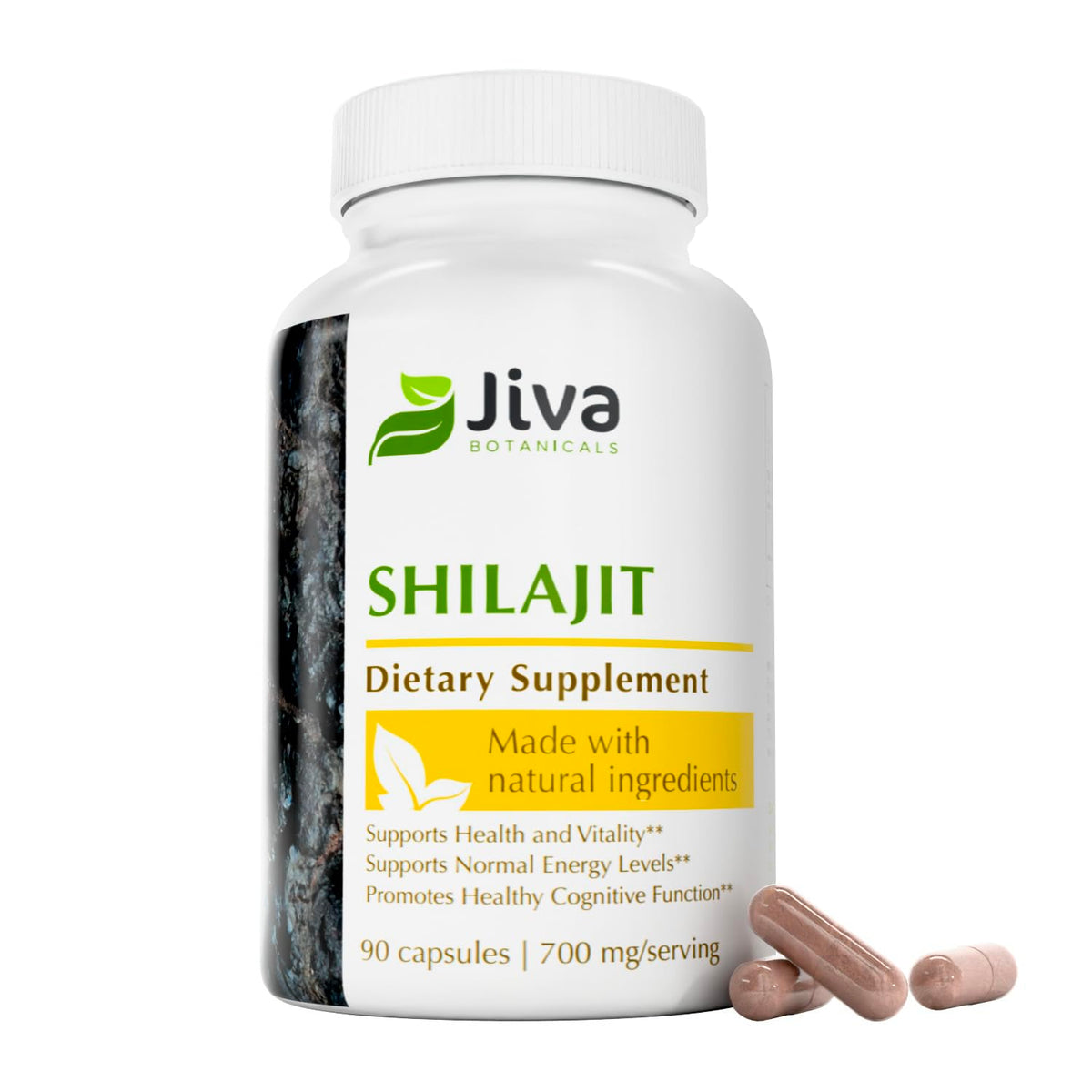 Capsules Jiva Botanicals de Shilajit 700mg en bouteille vue avant