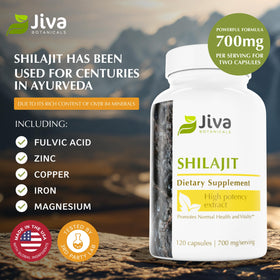 Capsules Jiva Botanicals Shilajit 700mg sur fond blanc