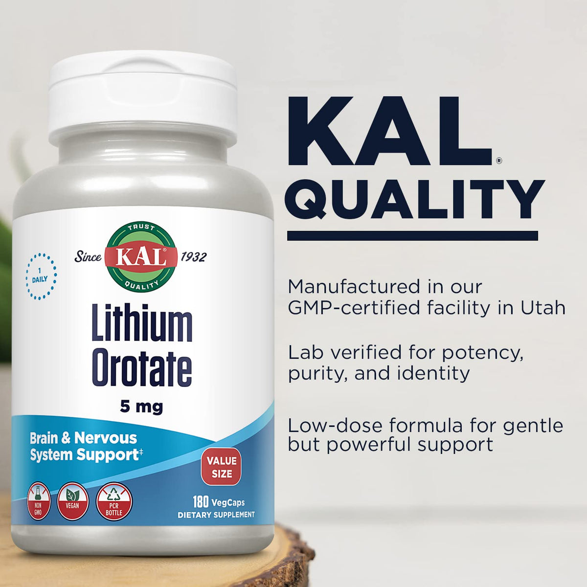 Capsules KAL Lithium Orotate 5 mg à l'intérieur de la bouteille