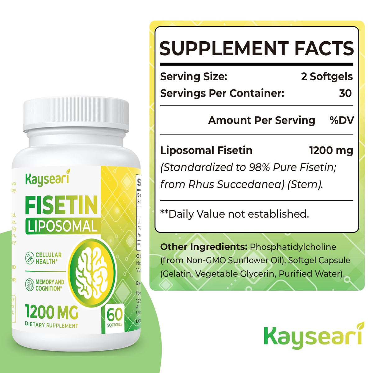 Capsules Kayseari Fisetin 1200mg sur fond blanc