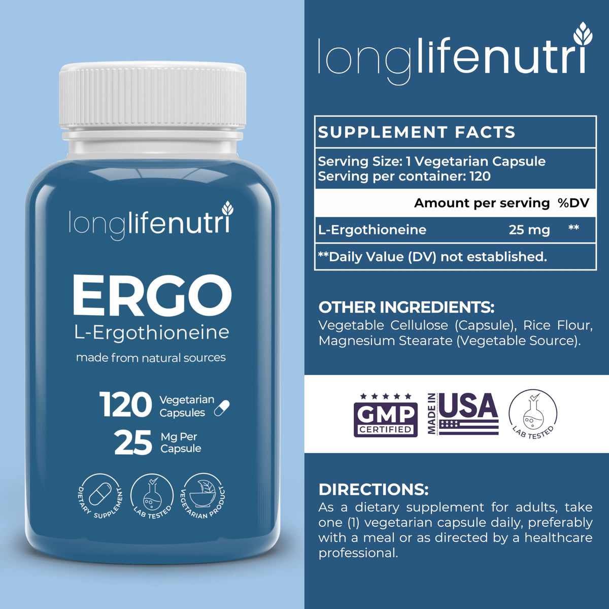 Capsules L-Ergothioneine 25mg LongLifeNutri sur fond blanc