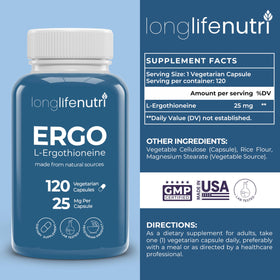 Capsules L-Ergothioneine 25mg LongLifeNutri sur fond blanc