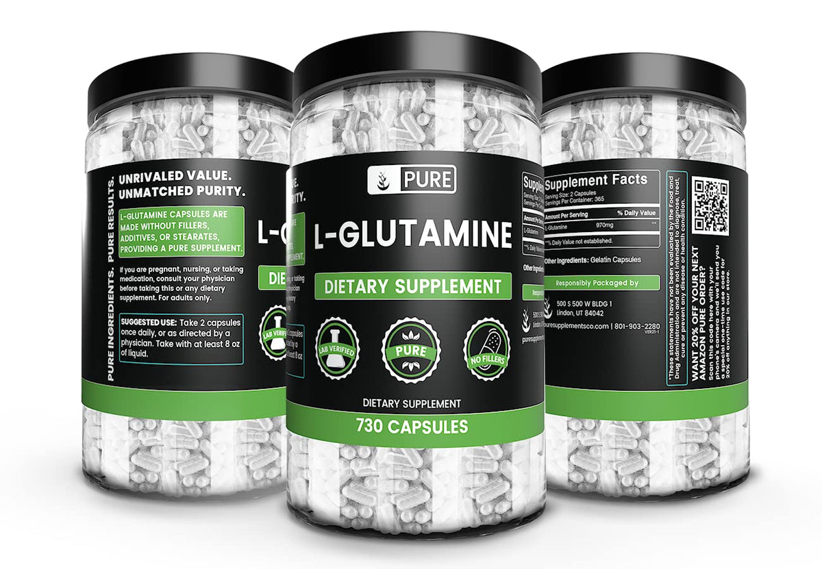 Capsules L-Glutamine sur fond blanc