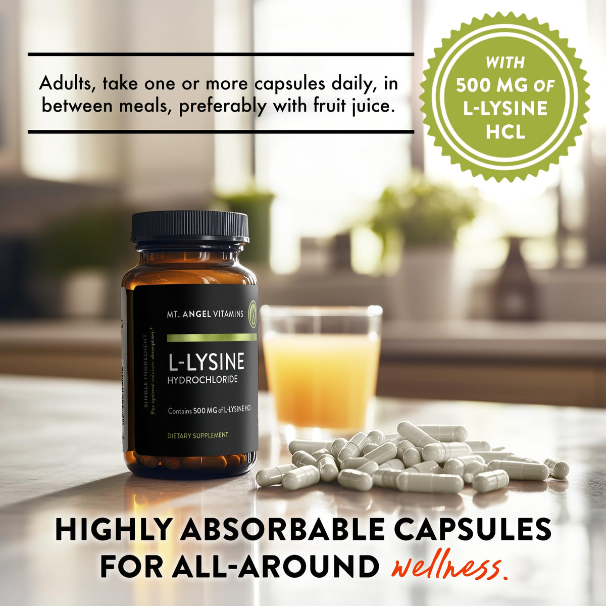 Capsules L-Lysine 500mg de Mt. Angel Vitamins sur fond blanc