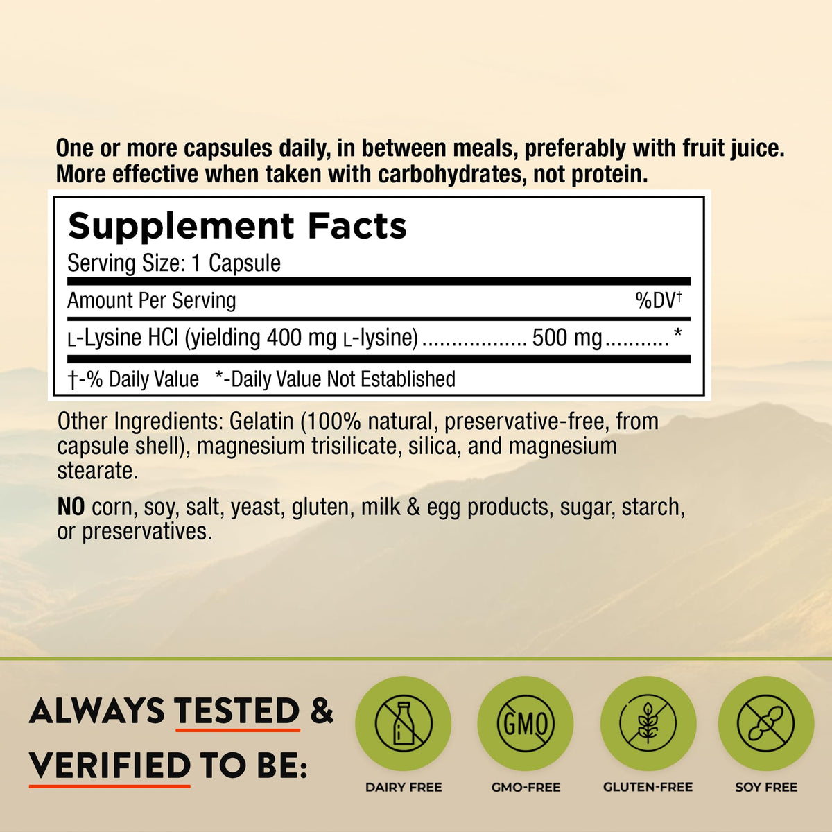 Capsules L-Lysine 500mg de Mt. Angel Vitamins, vue de côté