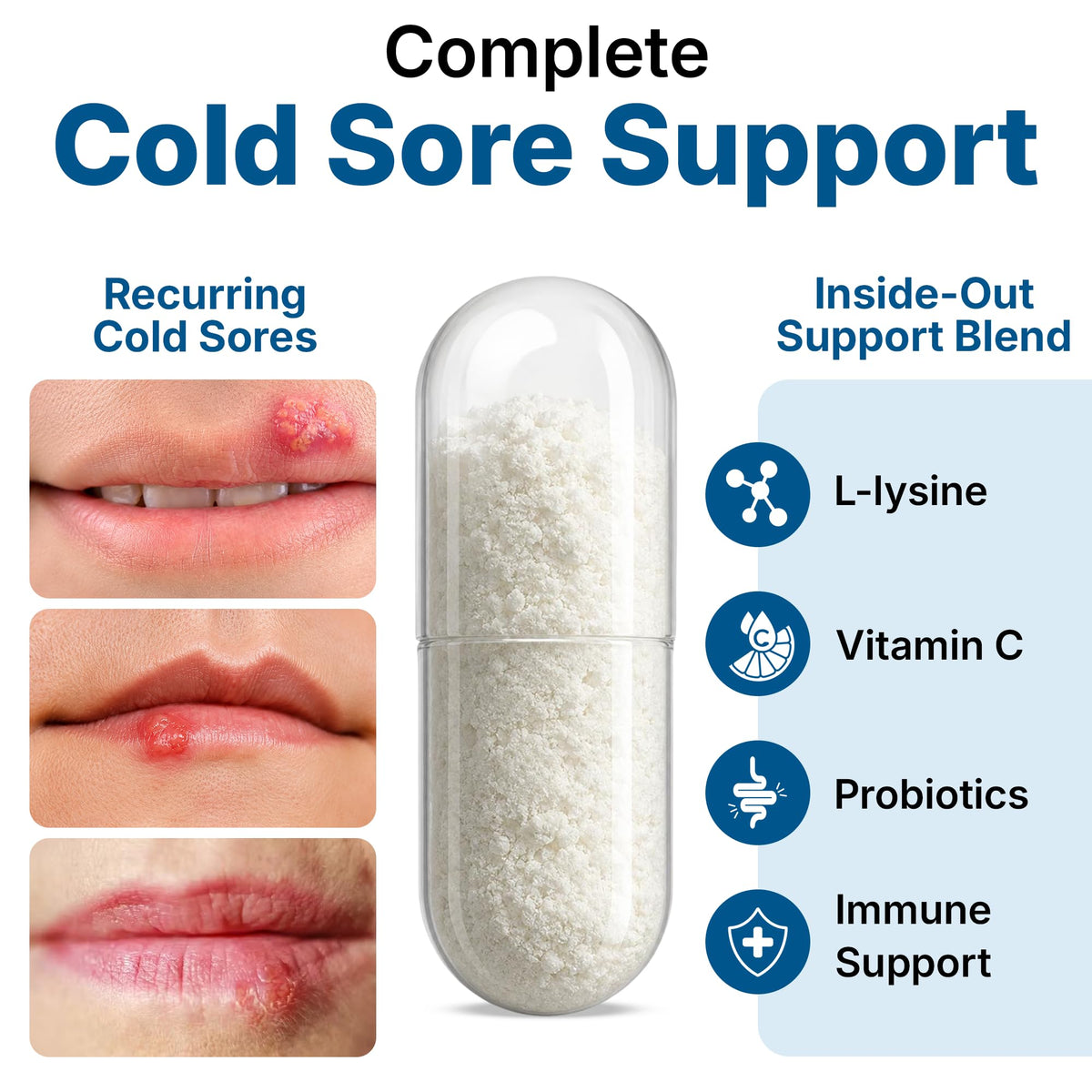 Capsules L-Lysine Clear Probiotics sur une surface blanche