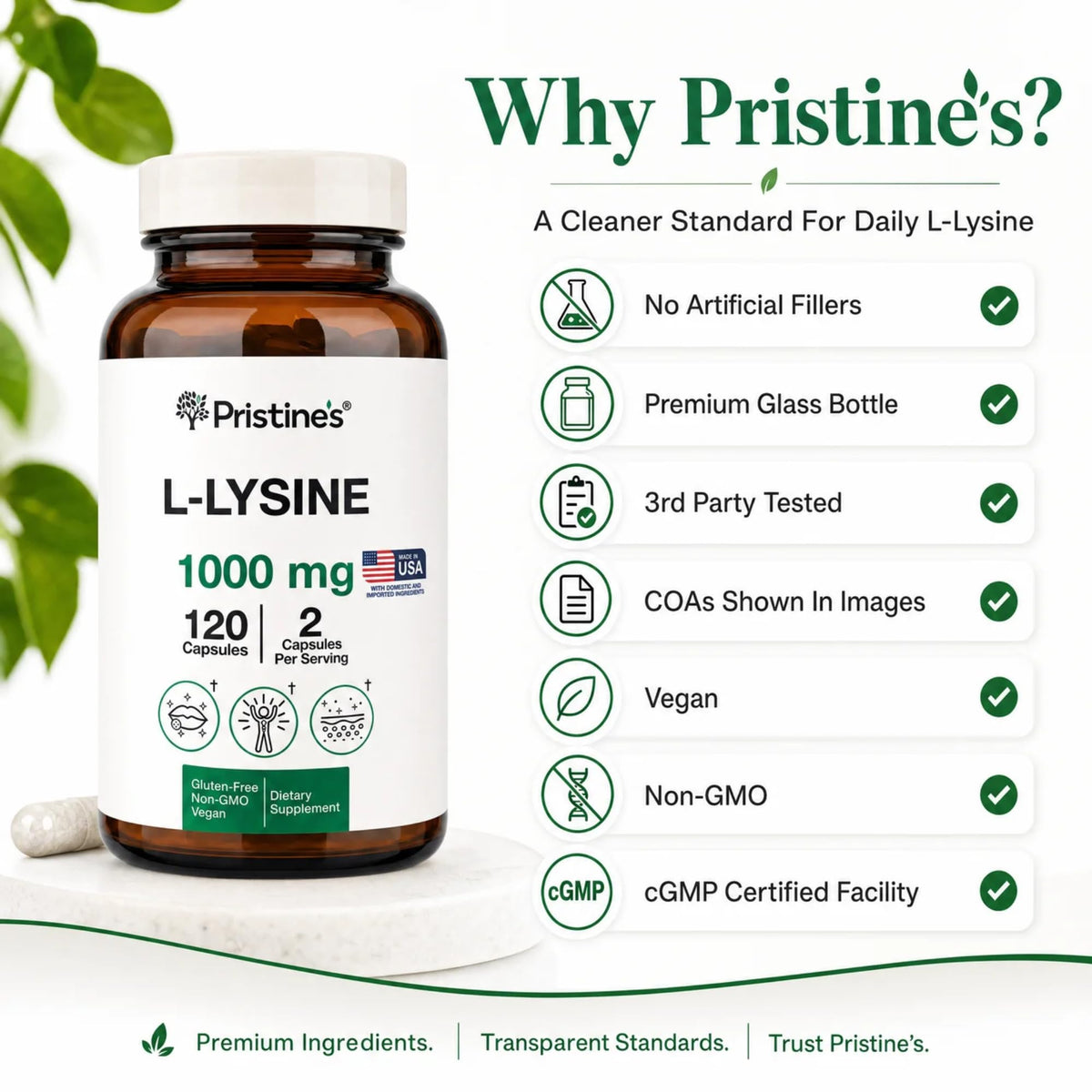 Capsules L-Lysine PRISTINE'S sur une surface blanche