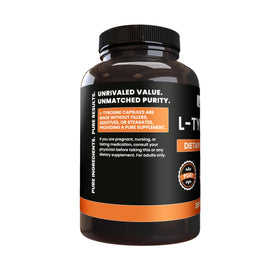 Capsules L-Tyrosine PURE ORIGINAL INGREDIENTS sur une surface blanche